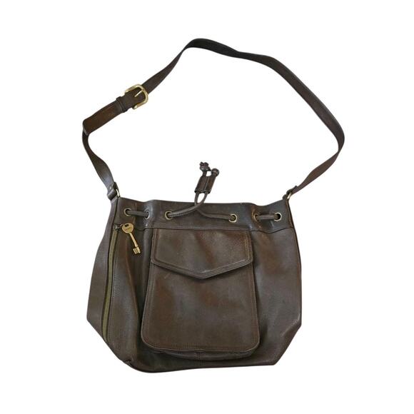 VTG Fossil Drawstring Bucket Shoulder Bag Brown Pebbled Genuine Leather Pockets - Picture 1 of 10